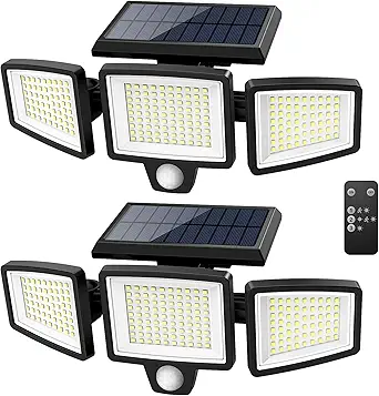 Tanjahopp 2500LM Solar Outdoor Security Lights – 210 LED 3-Head Motion Sensor with Remote Control, IP65 Waterproof, 270° Wide Angle, 3 Modes, 2-Pack