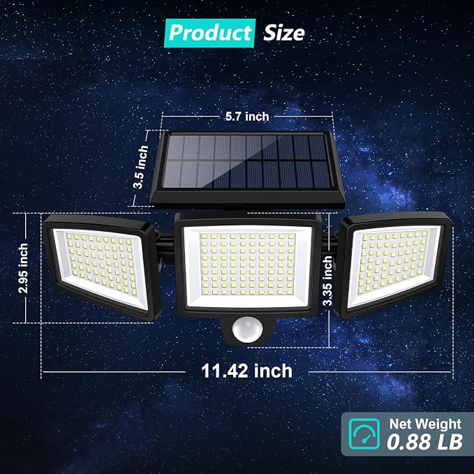 Tanjahopp 2500LM Solar Outdoor Security Lights – 210 LED 3-Head Motion Sensor with Remote Control, IP65 Waterproof, 270° Wide Angle, 3 Modes, 2-Pack