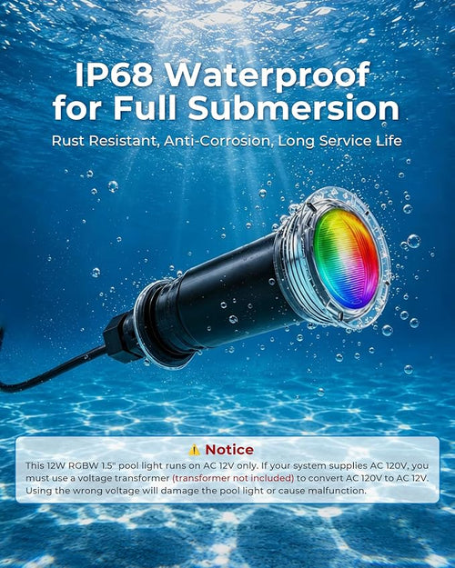 1.5-Inch RGBW LED Pool Light, 50FT Cord, 12V AC Color-Changing Underwater Light, IP68 Waterproof Inground Pool & Spa Light, Replacement for Pentair GloBrite/MicroBrite